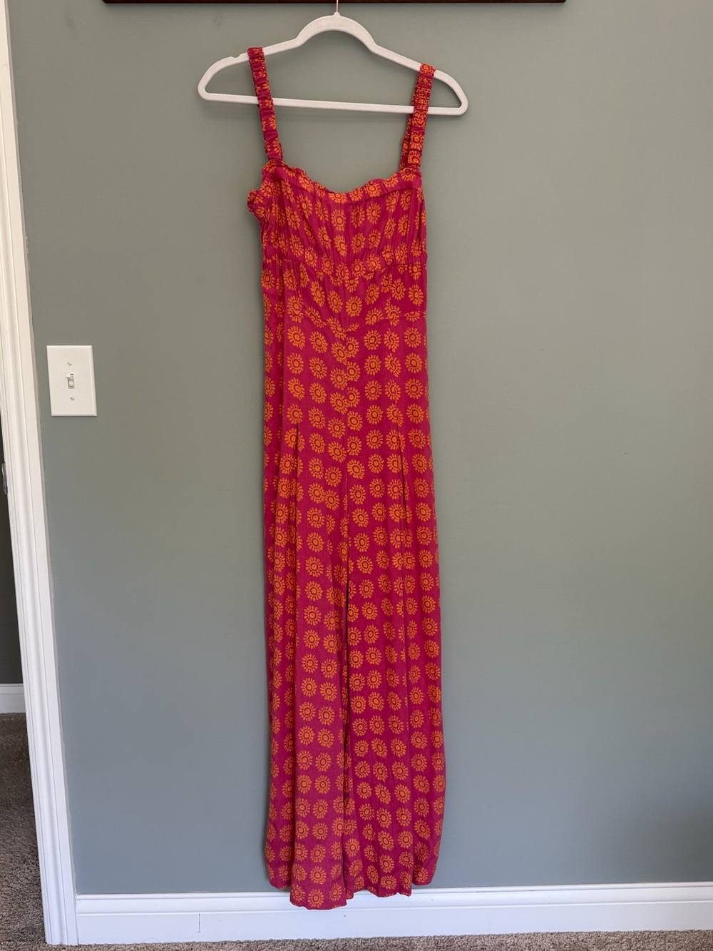 Ecote Pink Orange Sun Print Smocked Boho Linen Blend Open Tie Back Jumpsuit